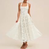 MQTIME  -  Fashion Backless Pleated Beach Dresses Sexy Women's Halter Hollow Out Holiday Dress Lace High Waist Slim Fit Summer Long Dress