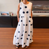 MQTIME  -  Round Neck Pocket Long Dress Summer Fashion Polka Dot Printed Draped Maxi Dress Casual Cotton Linen Loose Party Dresses