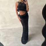 MQTIME  -  Women Sexy Hottie Sleeveless Party Dress 2024 Elegant Lace Fringe Ruffle Slim Dress Fashion O-Neck Hollow Out Solid Long Dresses