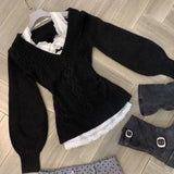 MQTIME  -  Fashion Simple V-neck Black Slim Waist Sweaters Mujer 2024 Autumn New Lace Tops Women Y2k Long Sleeve Knitted Pullover