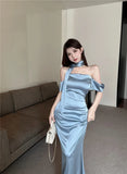 MQTIME  -  Satin Halter Sleeveless Transparent Slip Solid Zip Up Elegant Sexy Maxi Prom Dress Summer Women Wedding Party Vestido Outfit