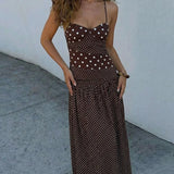MQTIME  -  Summer Polka Dots Print A-line Maxi Dress Women Sexy Strapless Lace Up Halter Backless Vacation Beach Long Robe Streetwear