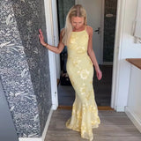 MQTIME  -  Embroidery Flower Fishtail Dress Women Spaghetti Strap Backless Sleeveless Zipper Holiday Party Dresses 2025 Summer Chic Robe