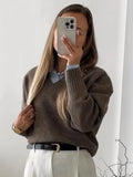  MQTIME  -  Elegant Solid V-neck Sweater For Women Autumn Winter Classical Knitted Pullover Long Sleeve Lady Street Simple Basic Jumper