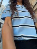 MQTIME  -  Y2K Women Summer Polo Shirt Blue White Contrast Striped Short Sleeve Knitted Blouse Cardigan Casual Commuter Hollow Tops