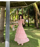 MQTIME  -  New French Sweet Pink Ruffles Beach Holiday Sleeveless Dress Women O-neck Slim Print Midi Tank Cake Long Dress Vestidos