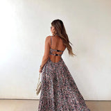 MQTIME  -  Elegant Off Shoulder Hollow Suspenders Dress Women Fashion Floral Print Big Swing Party Dress Sexy Sleeveless Pleated Long Dress