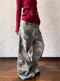 MQTIME  -  Retro Washed Embroidery Branches Camouflage Jeans Wide-leg Casual Baggy Jeans Women