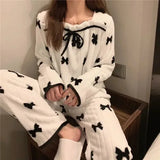 MQTIME  -   Women Autumn Winter Fleece Pajama Set Thick Warm Two-Piece Girl Ladies Loose Soft Loungewear Woman Comfortable Home Outfit Teen