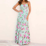 MQTIME  -  Temperament High Waist Banquet Dress Fashion Flower Print Sleeveless Suspender Dress Elegant Hollow Out Slim Evening Party Dress