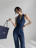 MQTIME  -   Retro Blue Temperament Denim Jumpsuit, Women'S Spicy Girl V-Neck Denim Elastic Slim Fit Jumpsuit