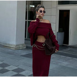 MQTIME  -  Women Burgundy Knit Long Skirt Sets Elegant Slash Neck Full Lantern Sleeve Top Maxi Skirts Outfit 2024 Autumn New Two Piece Set