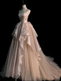 MQTIME  -  Strapless Shining Ball Gown Watteau Train Lace 3D Hand Made Flower Evening Dresses Woman Party Dress