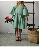  MQTIME  -  Summer Retro Linen Loose Flared Sleeve Dress Girls New Solid Color Cotton And Linen Casual Back Bow Tie Princess Dresses