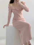 Mqtime women Elegant V-neck Flower Decoration Sweater Dresses Vintage Slim A-line Knitted Party Long Dress Korean Fashion Autumn Winter