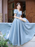 MQTIME  -  Luxury Blue Satin Princess Dress Women Elegant Square Collar Satin Pearlized Long Evening Dresses Quinceanera Stage Prom Gown