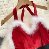 MQTIME  -  Women's Christmas Cosplay Costume Slim Lingerie Rompers Oneseies Feather Trim Backless Jumpsuits Playsuits with Belt