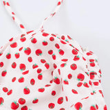 MQTIME  -  French Style Retro White With Red Fruit Print Bow Lacing Up Sling Dress Slim Waist Ruched  A line Midi Long Dresses Robe