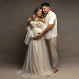 MQTIME  -  Dreamy Pearls Tulle Maternity Dress Custom Pearls Lace Maternity Dresses Photoshoot Puffy Sleeves платье для беременных 임산부 원피스