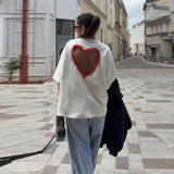 MQTIME  -  Versatile Basic White T-shirt Loose Designers Chic Crew Heart Cutout Casual Women's Tee Layered Stylish Trendy Streetwear