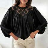 MQTIME  -  New  Spring Elegant O Neck Draped Shirt Fashion Embroidered Lace Hollow Out Blouse WomenSummer Lantern Sleeve Office Ladies Tops