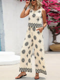 MQTIME  -  Print Top Pants Women Set O-neck Sleeveless Loose Tops Wide Leg Trousers Female Chic Sets Summer Vacation Casual Lady Suit