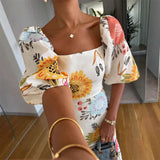 MQTIME  -  Elegant Square Neck Bubble Sleeve Long Dress Women Fashion Patterns Print Bohemian Dress Summer Casual Waist A-Line Party Dress