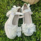 MQTIME  -  Comfortable Round Toe Block Heels Chunky Pumps Women's Lolita Bow Pearl Chain Embellished Low Heel Wedding Party Dress Shoes