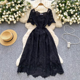 MQTIME  -  Summer Elegant Hollow Out Embroidery Lace Long Dresses Women Holiday Short Sleeve Flower Retro Evening Party Female Vestidos