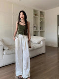 MQTIME  -  Satin Flower Graphic Long Pants Women Elastic High Waisted Wide Leg Pants Chinese Style Fashion Summer Loose Trousers