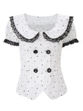  MQTIME  -  Summer Lace Patchwork Peter Pan Collar Short Sleeve Single Breasted Polka Dot Print Women Shirt