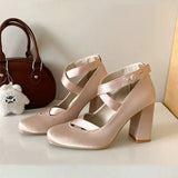 MQTIME  -  Ballet Style Fashion Satin Cross Strap Women Pumps Spring Summer Mary Janes Thick High Heels Lolita Ballet Dancing Chunky Shoes