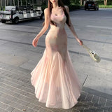 MQTIME  -  Women Strap Watercolor Floral Mermaid Long Dress Lace Trim V Neck Summer New Bodycon Tulle Hem Elegant Vacation Party Maxi Dress
