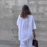 MQTIME  -  Casual Cotton Linen Solid Color Outfits Elegant V-neck Pullover & Long Pant Suit Women Fashion 3/4 Sleeve Street Loose 2Pc Sets