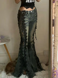  MQTIME  -  American High Street Spice Girl Black Lace Strap Lace-up Denim Flared Pants Slim-fit Split Low Waisted Jeans Women