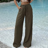  MQTIME  -  Women's Casual High Waisted Drawstring Wide Leg Pants Solid Color Loose Flowy Trousers for Summer Beach Vacation Daily Wear Chic