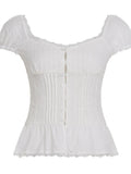 MQTIME  -  Y2k Lace Patchwork Solid Square Collar Sweet Puff Sleeve Ruffles Single Breasted Women Shirt