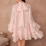 MQTIME  -  Elegant Lace-up Pure Color Ruffle Short Dress Spring Summer Women Loose Swing Dress French Style Half High Collar Jacquard Dress