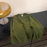 MQTIME  -  Vintage Avocado Green Round Neck Knitted Cardigan for Women, Soft and Thick Autumn-winter Sweater Coat, High-end Feeling Top.