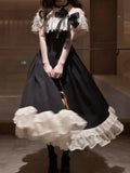 MQTIME  -  French Elegant Princess Summer Bow Lace Ruffle Off Shoulder High Waist Big Swing Black White Dress Women Girls Party Daily Wear