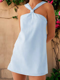 MQTIME  -  Elegant Floral Print Halter Neck Backless Dress Women s Summer Sleeveless Casual Mini Dress Solid Color Fashion