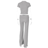 MQTIME  -  Women Solid Ribbed Tracksuits Summer Casual 2 Piece Set Short Sleeve T-shirts Crop Tops Folded Waist Slim Flare Pants Suits