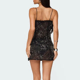 MQTIME  -  Women Summer Flower Sequins Embroidery Ruffles Square Neck Sleeveless Bodycon High Split Short Cami Dress with Scarf