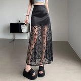 MQTIME  -  2024 Summer Commuter Korean Half Skirt High Waist Lace Slim Hook Flower Style New Solid Color Sexy Long Skirt for women