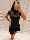 MQTIME  -  Women Solid Polka Dot Mini Dress Deep V Neck Puff Sleeve Pleated Front Button A-line Short Dresses Elegant Party Lady Gown