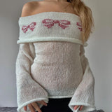 MQTIME  -  Women Off the Shoulder Knitted Sweater Top Cozy Lazy Long Sleeve Pullovers Cottage Y2k Aesthetic Bowknot Pattern Jumpers T-shirt