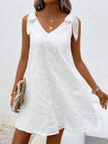 MQTIME  -  Summer Lace Dress V Neck Sleeveless Boho Cotton Dress Embroidery Hollow Out Lace-up Vestidos Lose Fit Robe Femme Été