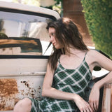 MQTIME  -  Vintage Green Plaid · French Light Luxury Diagonal Cut Silk Double Crepe Large Swing Fishtail Skirt Long Strap Dress