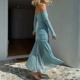 MQTIME  -  Female Backless Hollow Mesh Maxi Dress Spring Summer Holiday Boho Long Dress Women Sexy Off Shoulder Solid Pleated Evening Dress