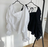 MQTIME  -  Spring Korean Fashion Vintage Solid Square Collar T Shirt Casual French Style Neckline Shoulder Loose Puff Sleeve High Street